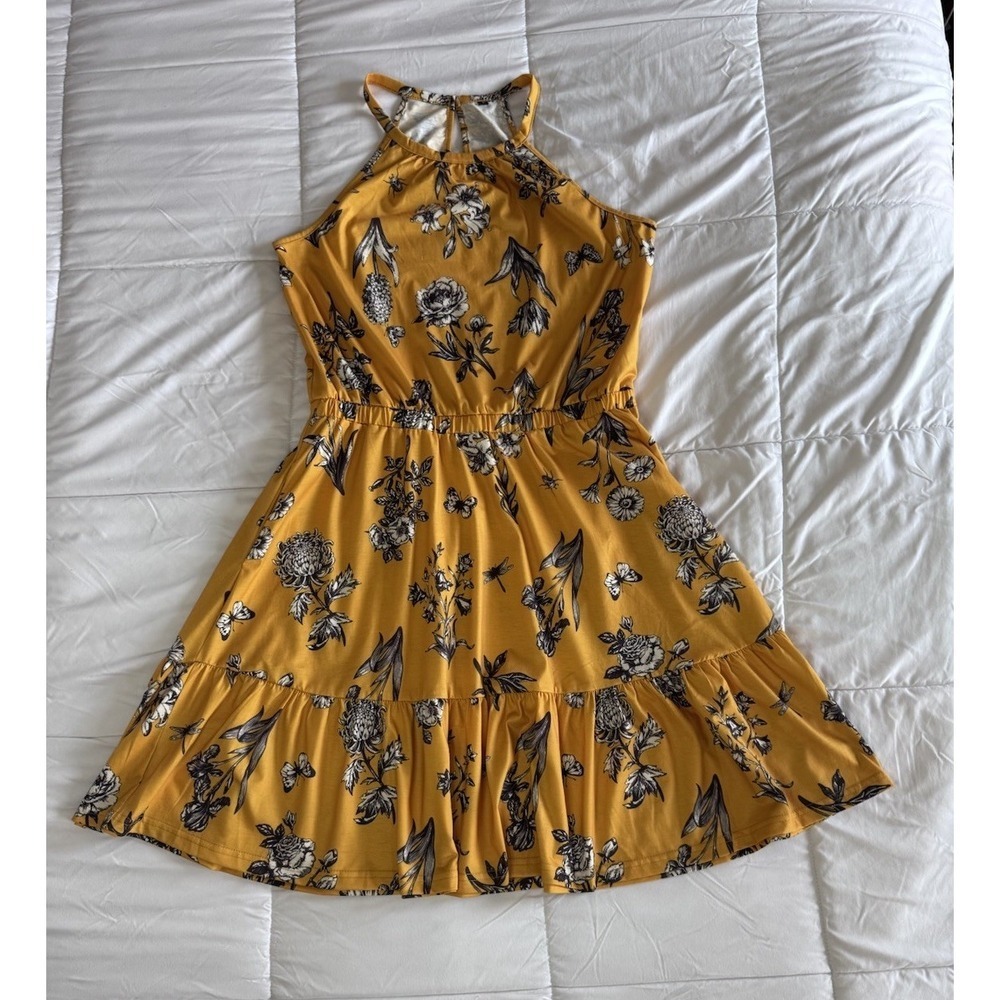Boutique Yellow Floral Print Halter Dress Size Large Flowy Pockets Sleeveless